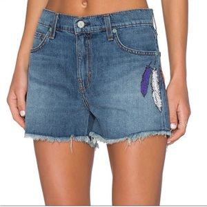 Sandrine Rose cut off denim shorts with embroidered feathers. Vintage. Sz 27